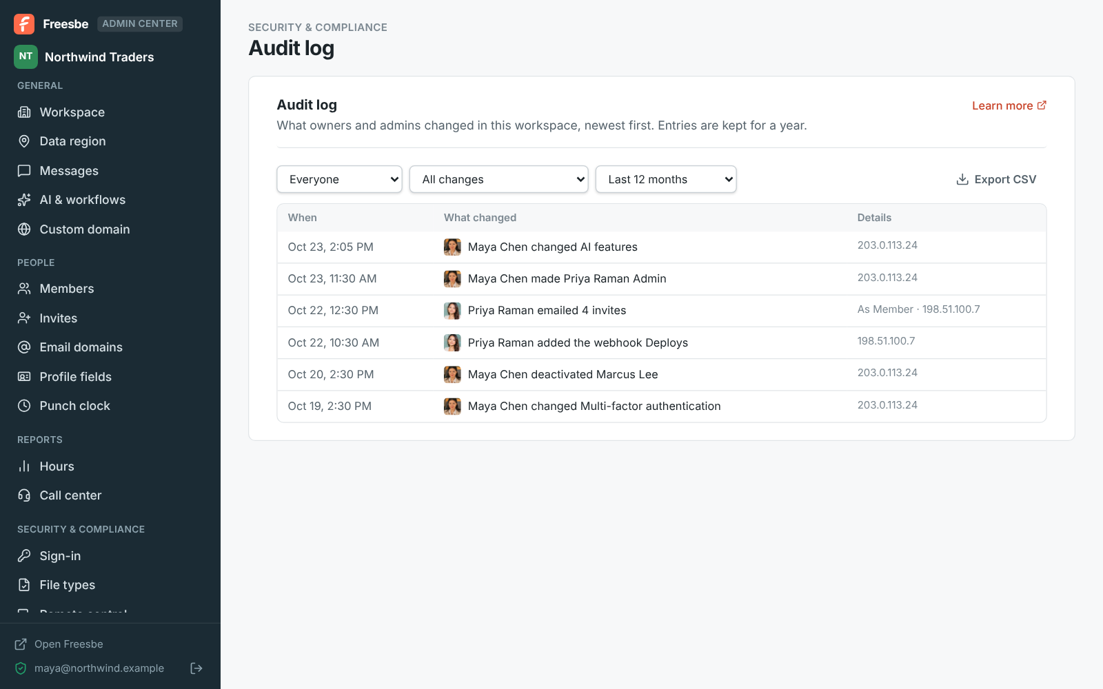 The Admin Center’s Audit log, filtered by who, what and month, with Export CSV