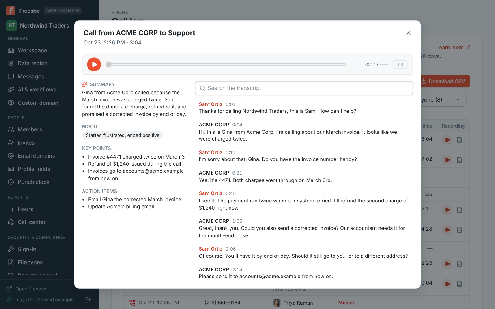 A call’s transcript: a summary, the caller’s mood, key points, what to do next, and every line of the call