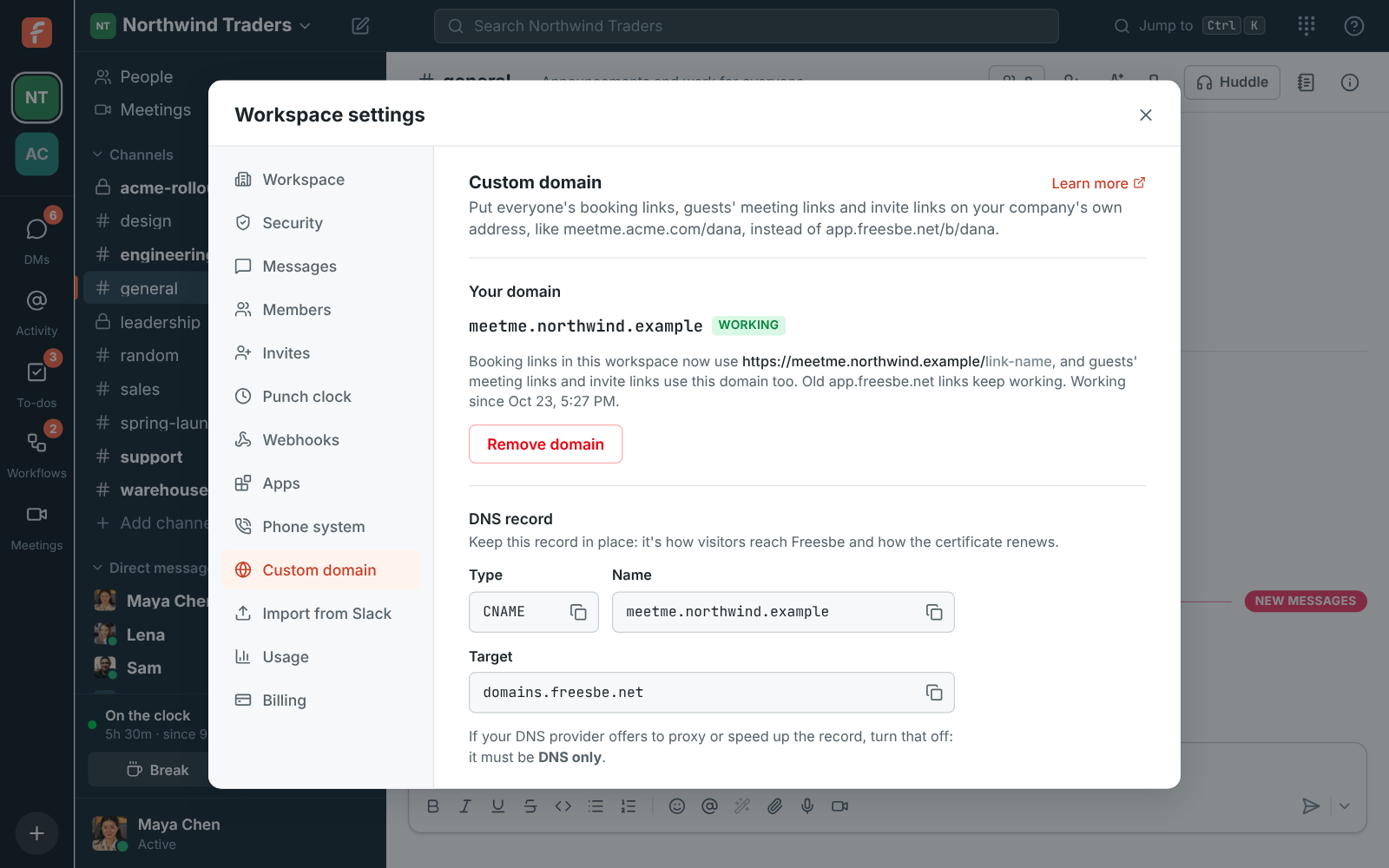 The domain is working: meetme.northwind.example with a green Working badge, and the CNAME record to keep in place