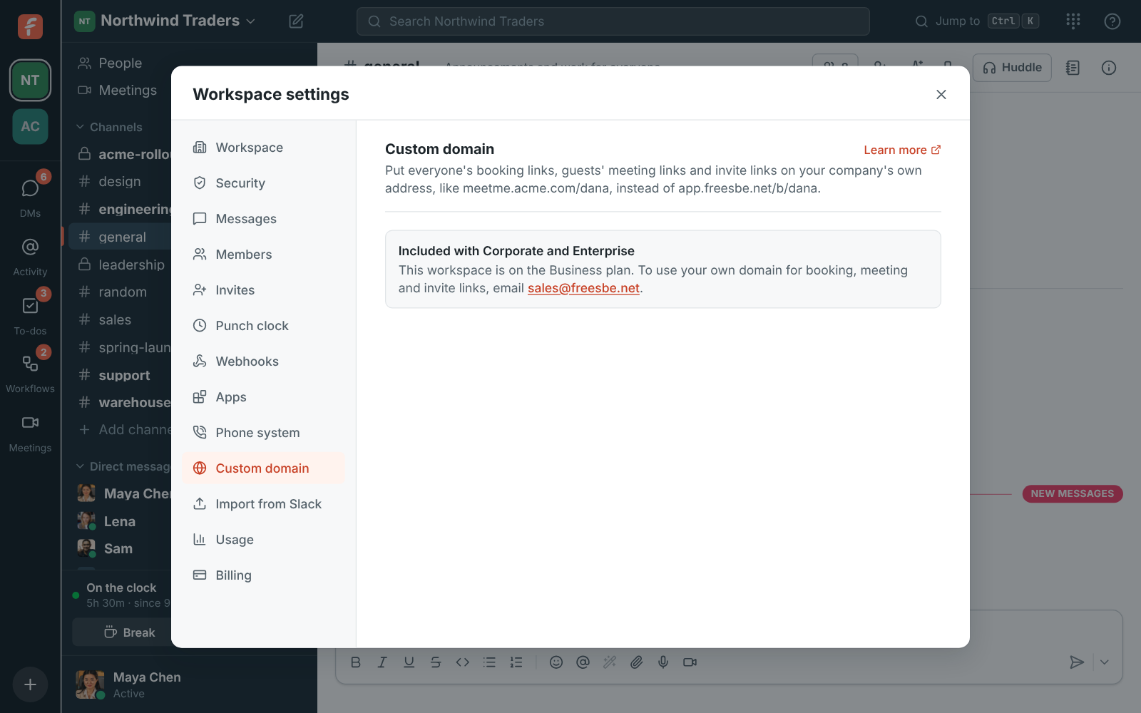 The Custom domain section on the Business plan: using your own domain requires the Corporate plan, with a link to upgrade