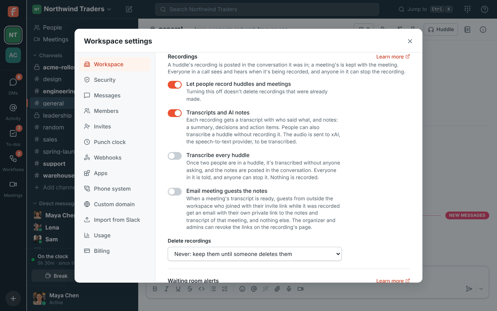 Workspace settings, Recordings: switches for recording, transcripts and AI notes, transcribing every huddle, and when to delete recordings