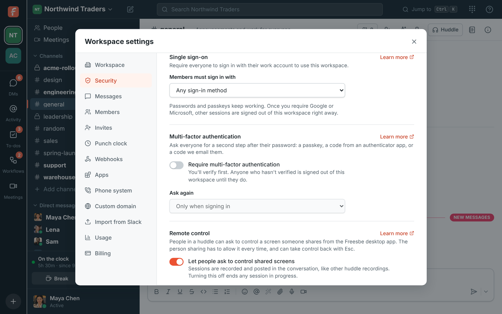 Workspace settings, Single sign-on: Members must sign in with Microsoft