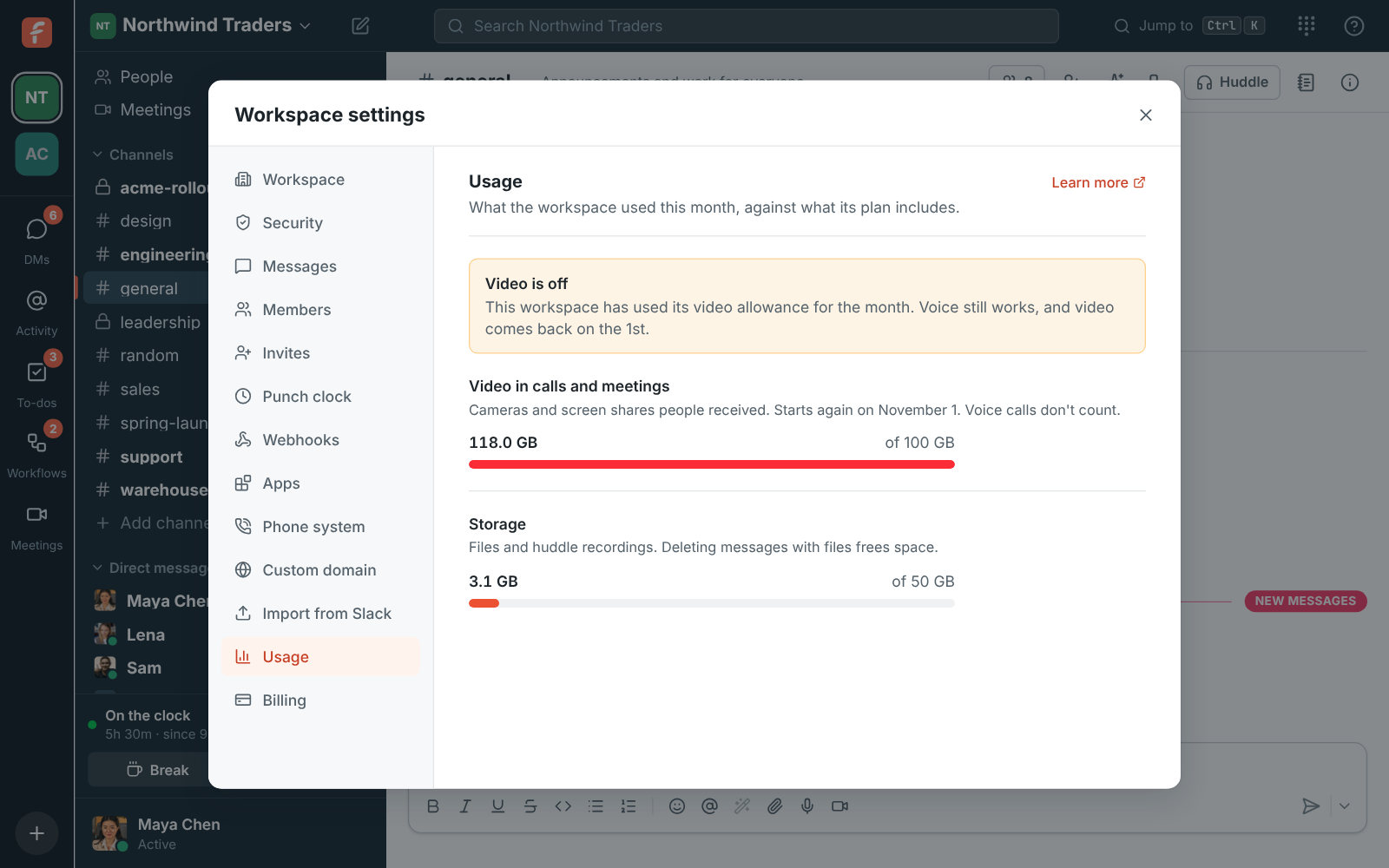 Workspace settings, Usage: video against the monthly allowance, and storage
