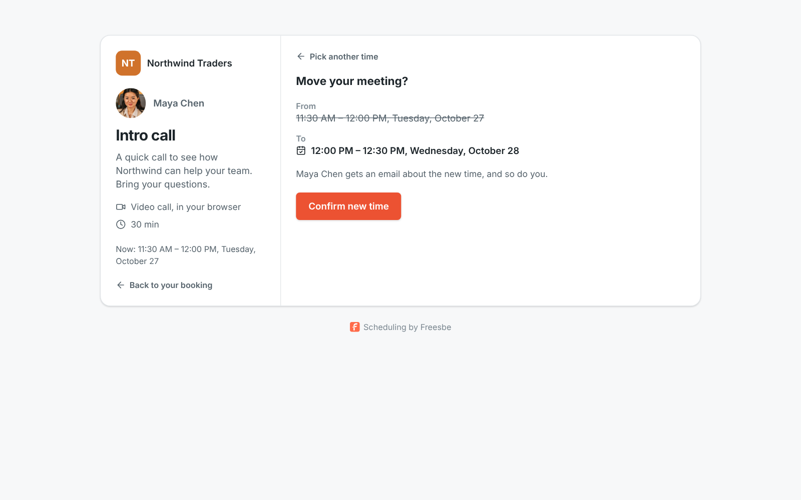 Moving a booking: the old time crossed out, the new time, and the Confirm new time button