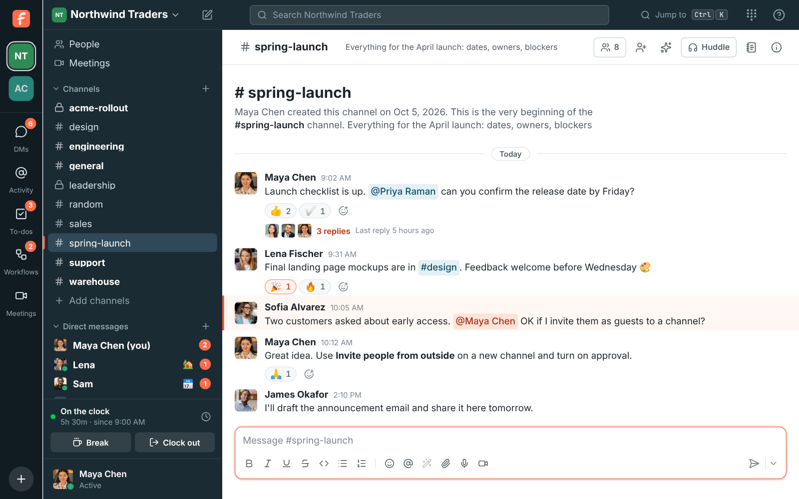 The Freesbe window: workspaces on the far left, channels and direct messages in the sidebar, the conversation in the middle