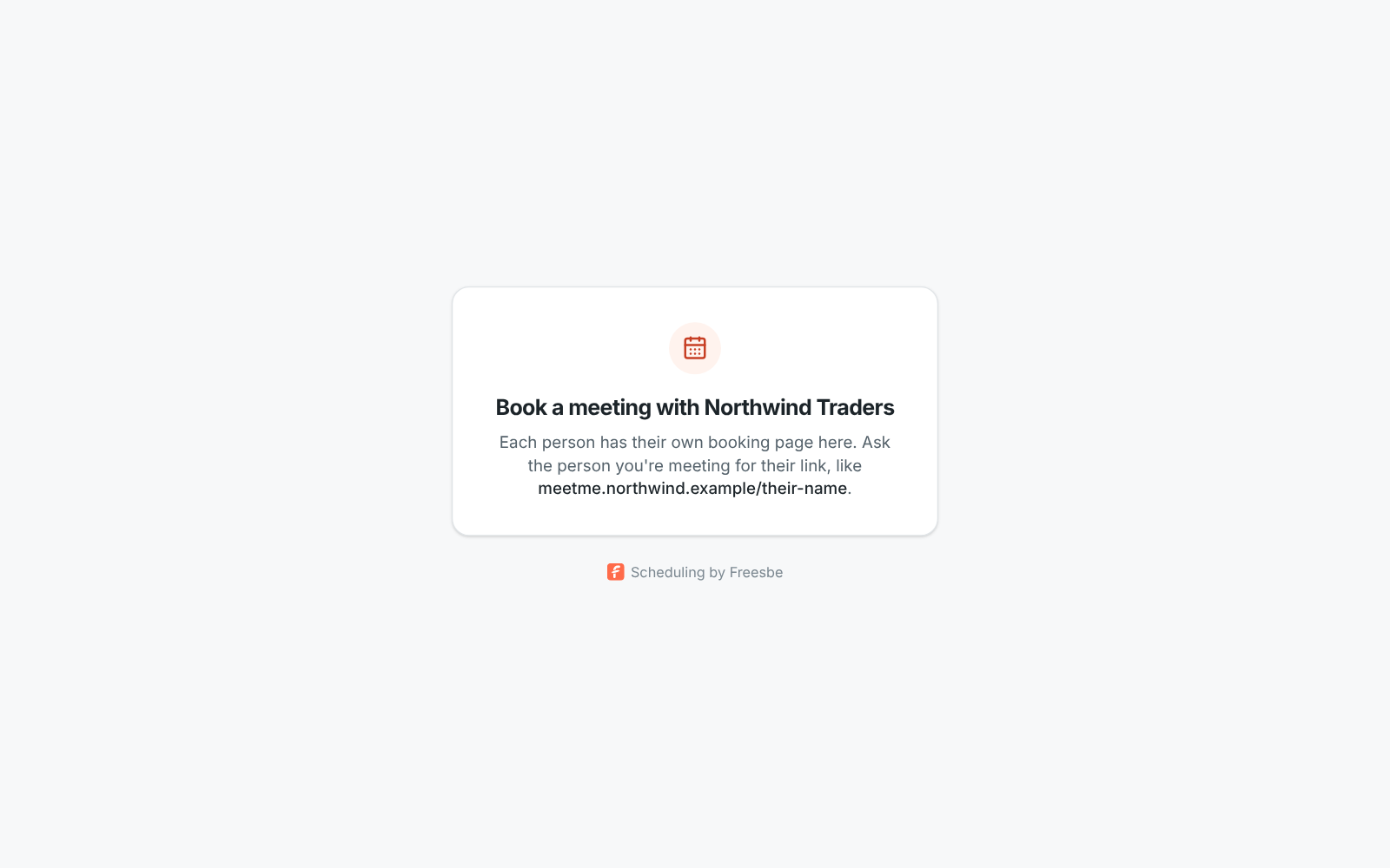 The front page of the domain: Book a meeting with Northwind Traders, and a note to ask the person you’re meeting for their link