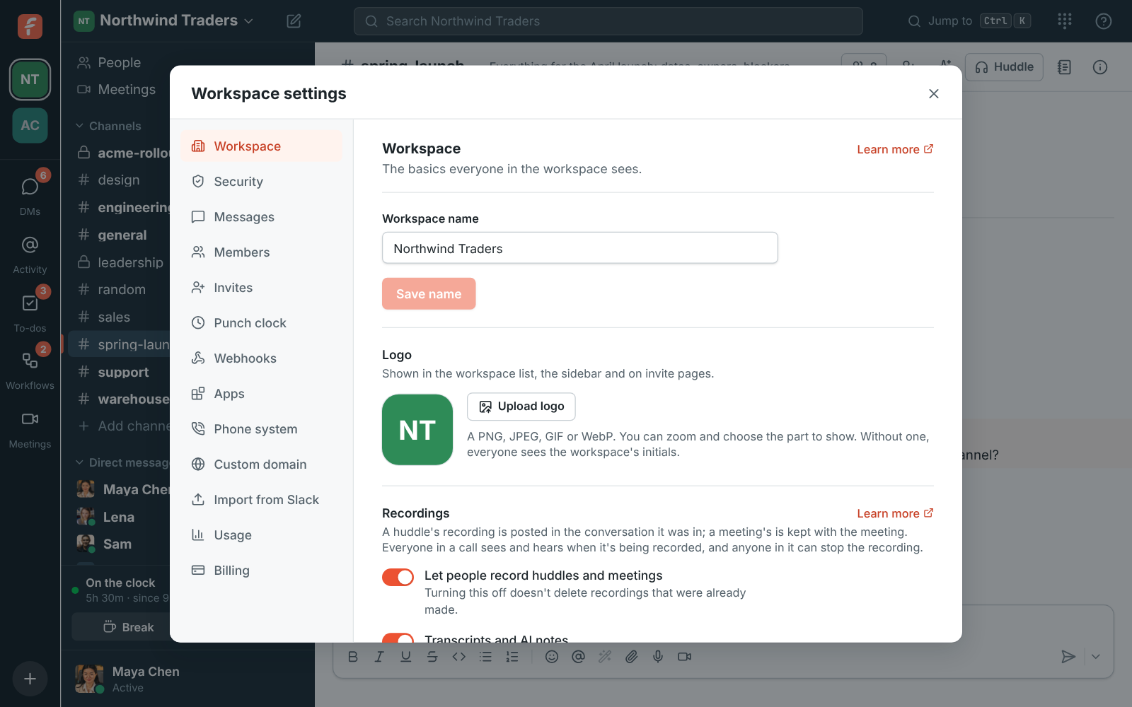 Workspace settings with a Learn more link next to Recordings