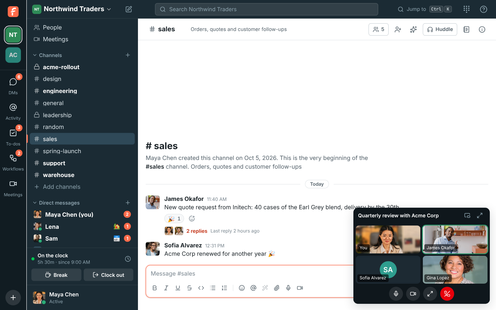 Working in #sales during a meeting: the Q4 pipeline review keeps running in a card in the corner, with mute, camera, open and leave buttons