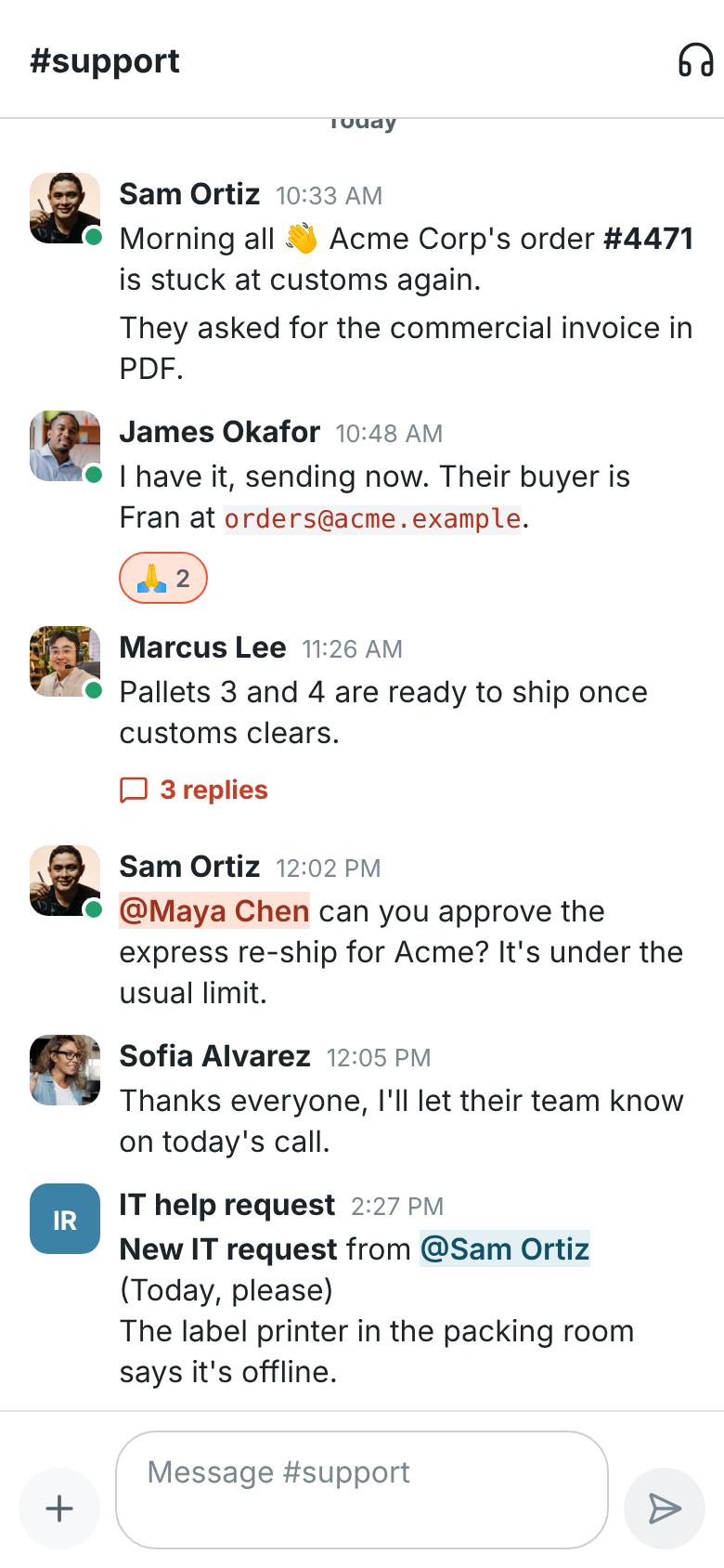A conversation in #support with messages, a reaction, a thread with 3 replies and the composer