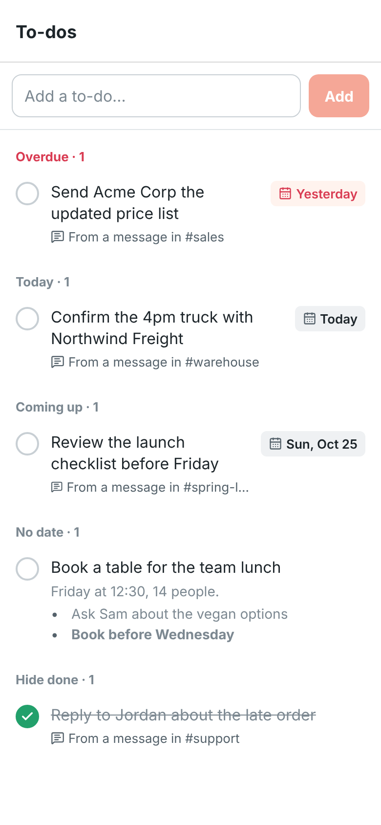 The To-dos list: one overdue, one due today, one coming up, one with no date and one done, three of them made from messages