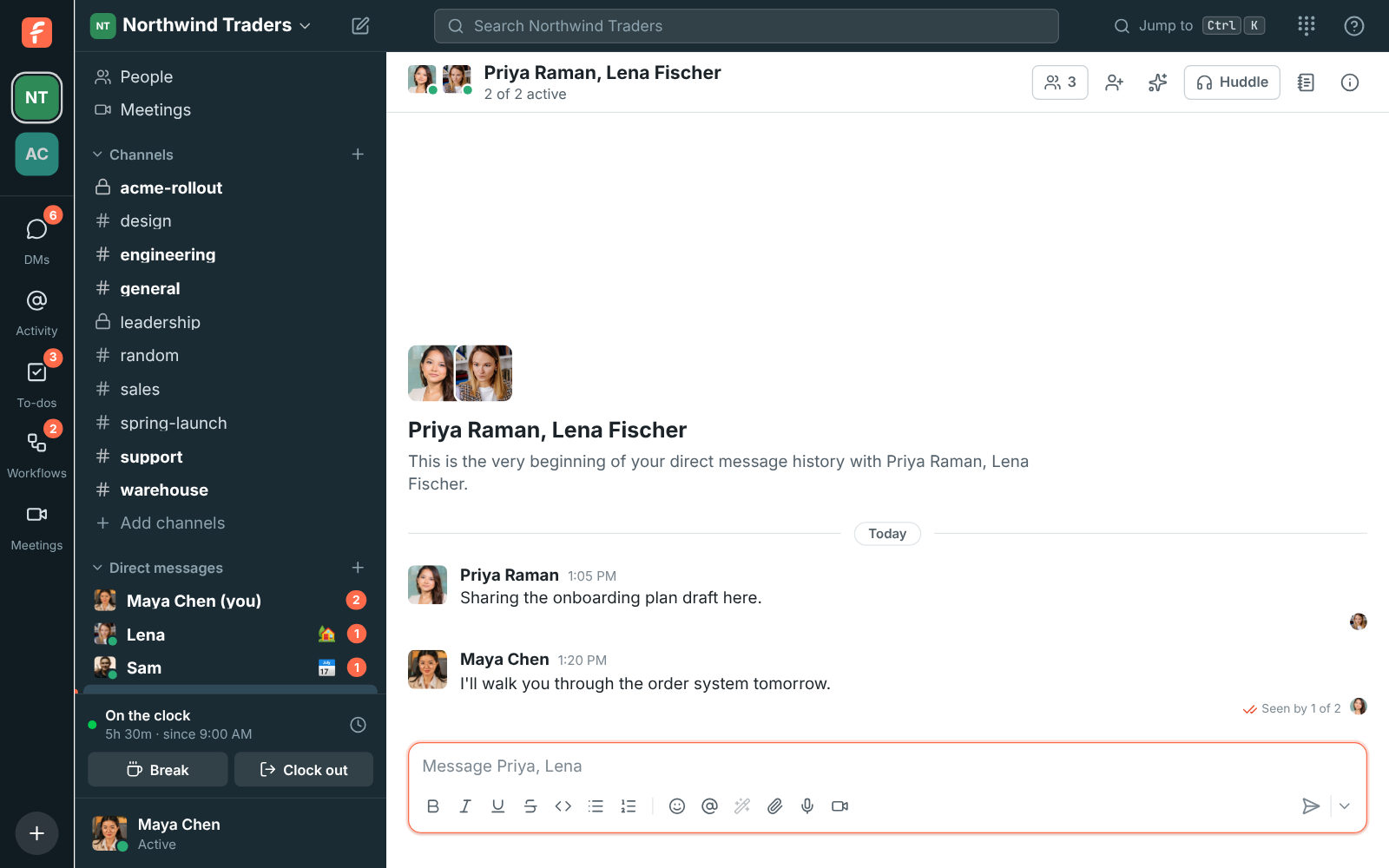 The group DM with Priya and Lena: Lena’s picture under Priya’s message, and Priya’s picture and “Seen by 1 of 2” under Maya’s