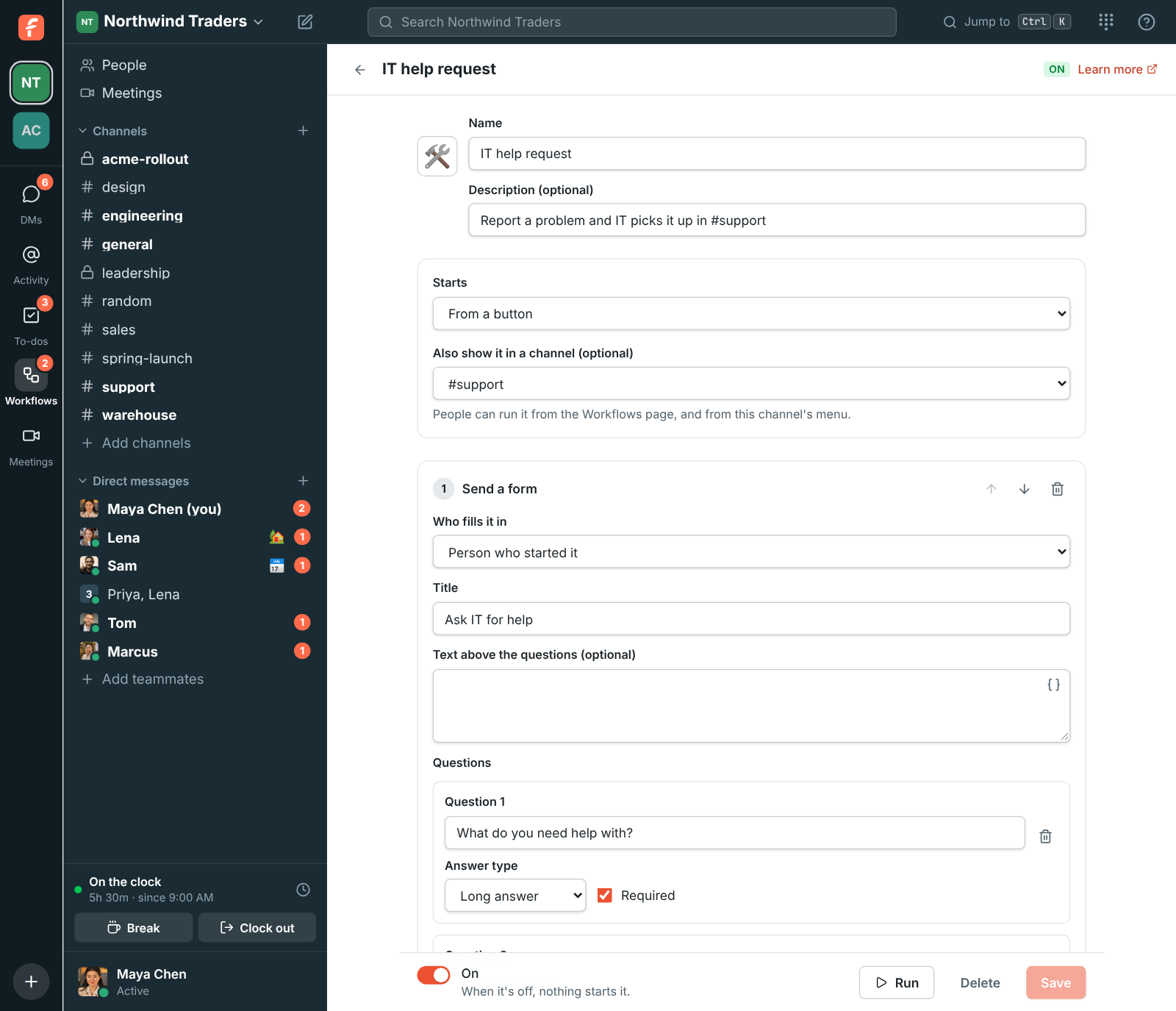 The workflow builder: a form step, then a message to #support, then a to-do for Tom