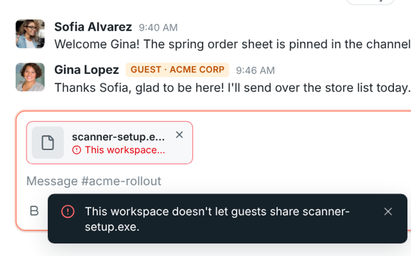 A guest's upload of a program blocked by the workspace