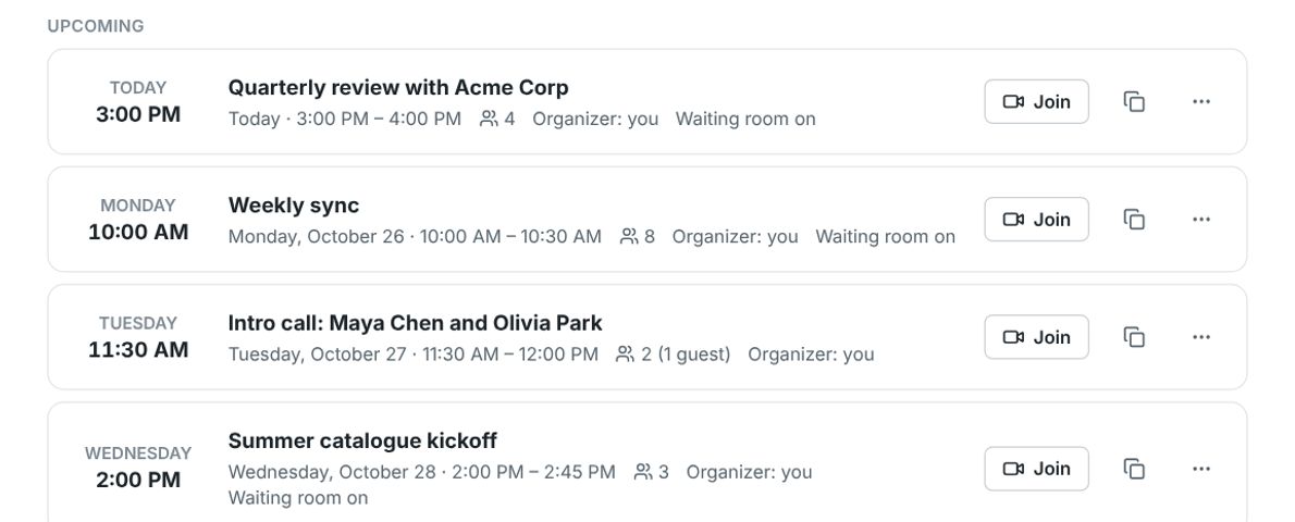 The Meetings list with a guest waiting to be let in